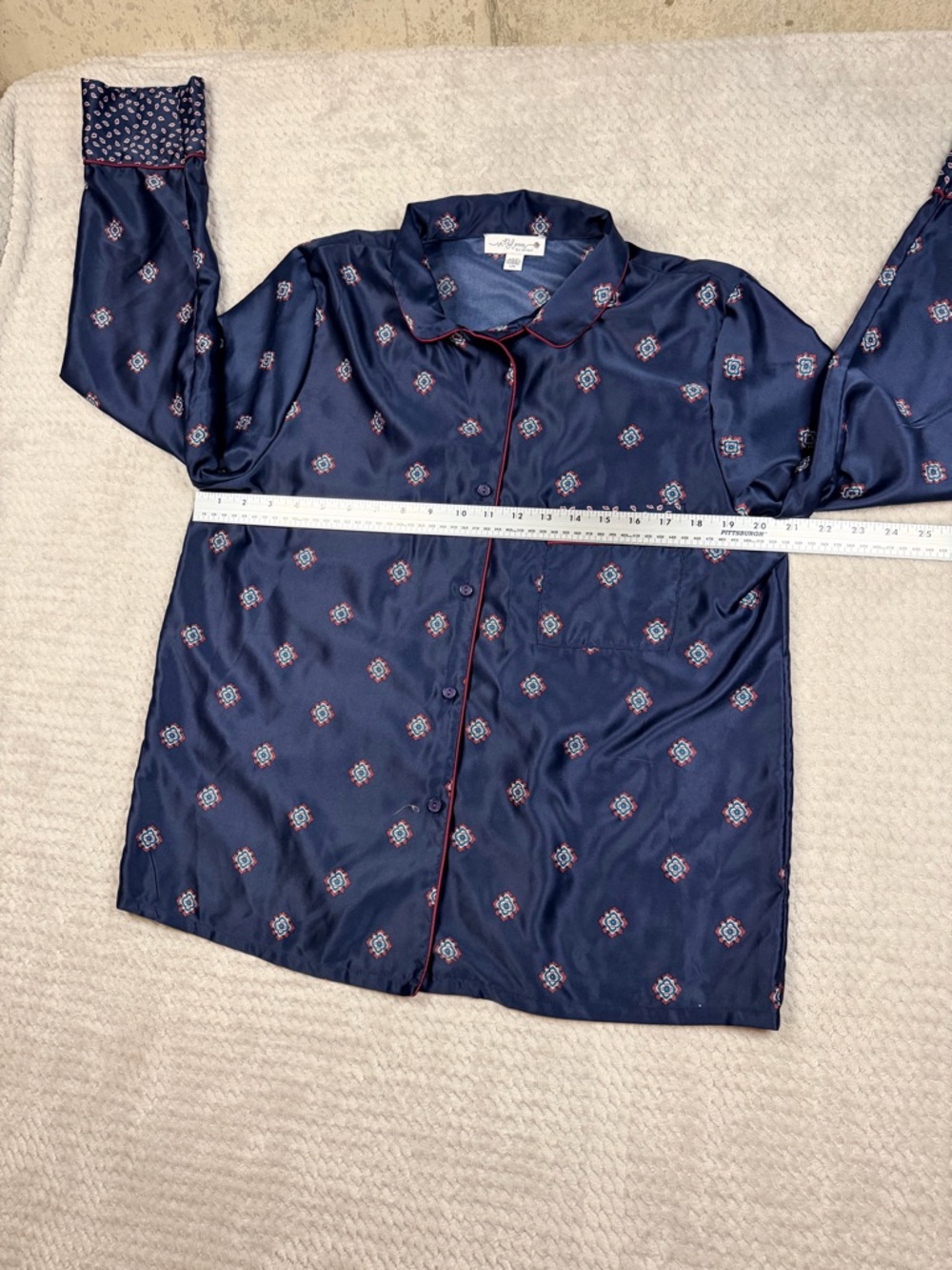 In Bloom Poly Satin Navy Two-Piece Women's Pajama Set with Printed Trim - Picture 3 of 11